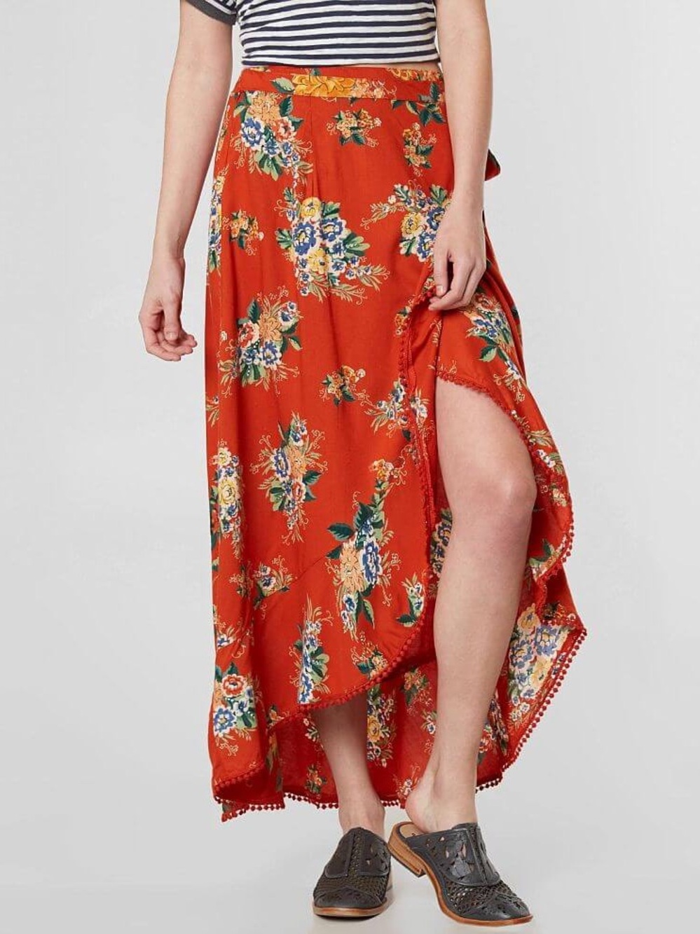 Floral High-Low Red Maxi Skirt with Side Slit
